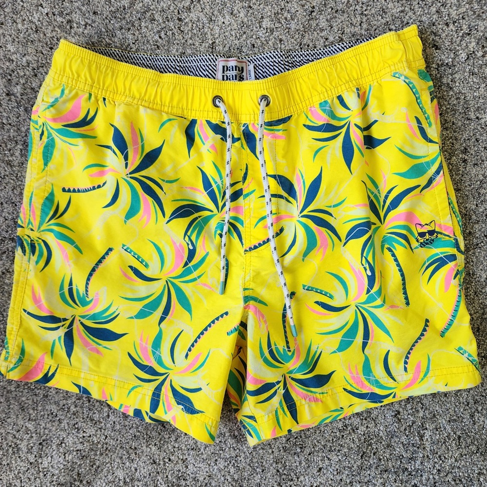 Party Pants Swim Trunks Mens Large Yellow Tropical Palm Print Excellent